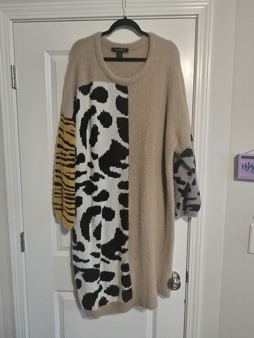 Ashley Stewart Beige Mixed-Print Scoop Neck Sweater Dress